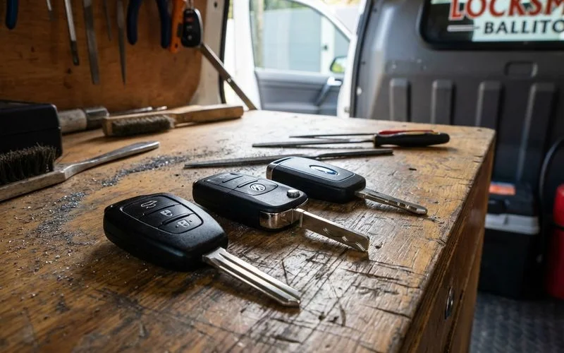 Completed replacement car keys for Toyota, VW, and Ford vehicles on a mobile locksmith workbench