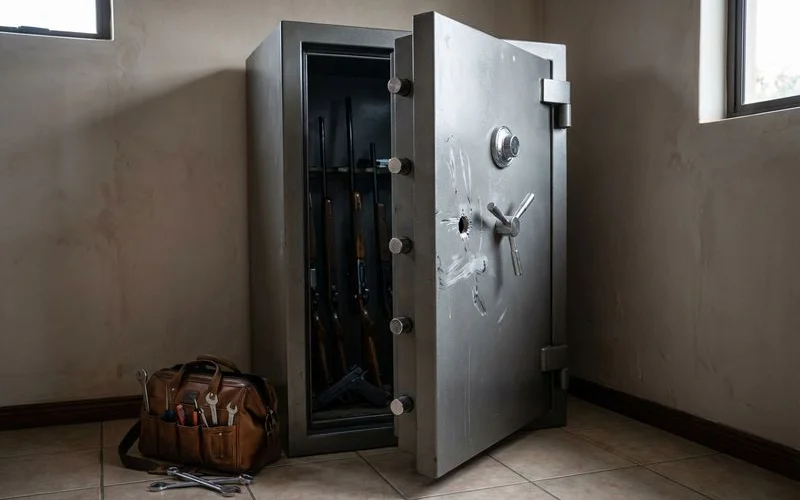 Large gun safe with heavy-duty steel door standing open after professional locksmith opening