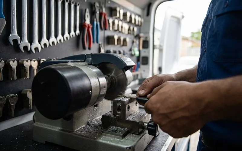 Locksmith using a professional key cutting machine to create a replacement car key blade on-site