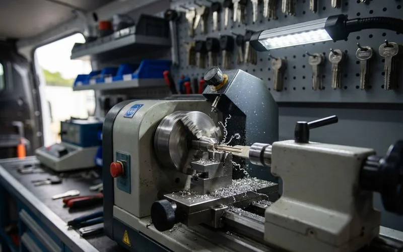 Precision key cutting machine duplicating a security key in Ballito