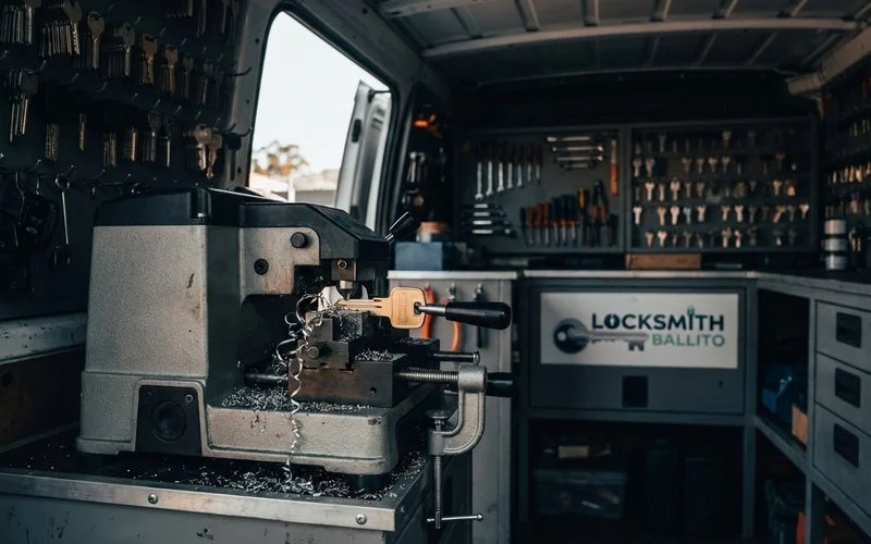 Professional key cutting machine inside a mobile locksmith van in Ballito