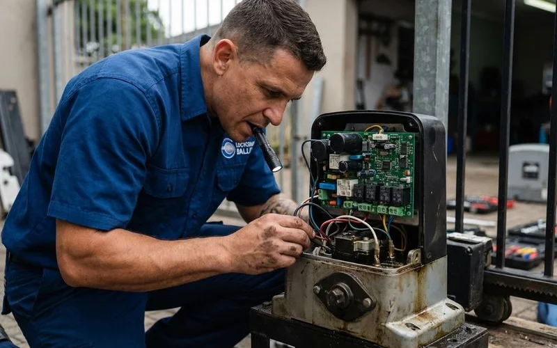 Technician inspecting the control board inside a gate motor in Ballito