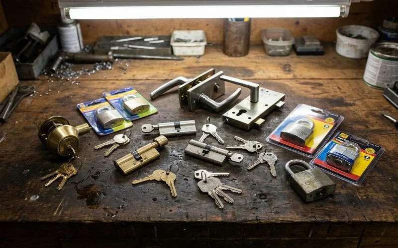 Selection of residential lock types including deadbolt, euro profile, and lever-handle locks