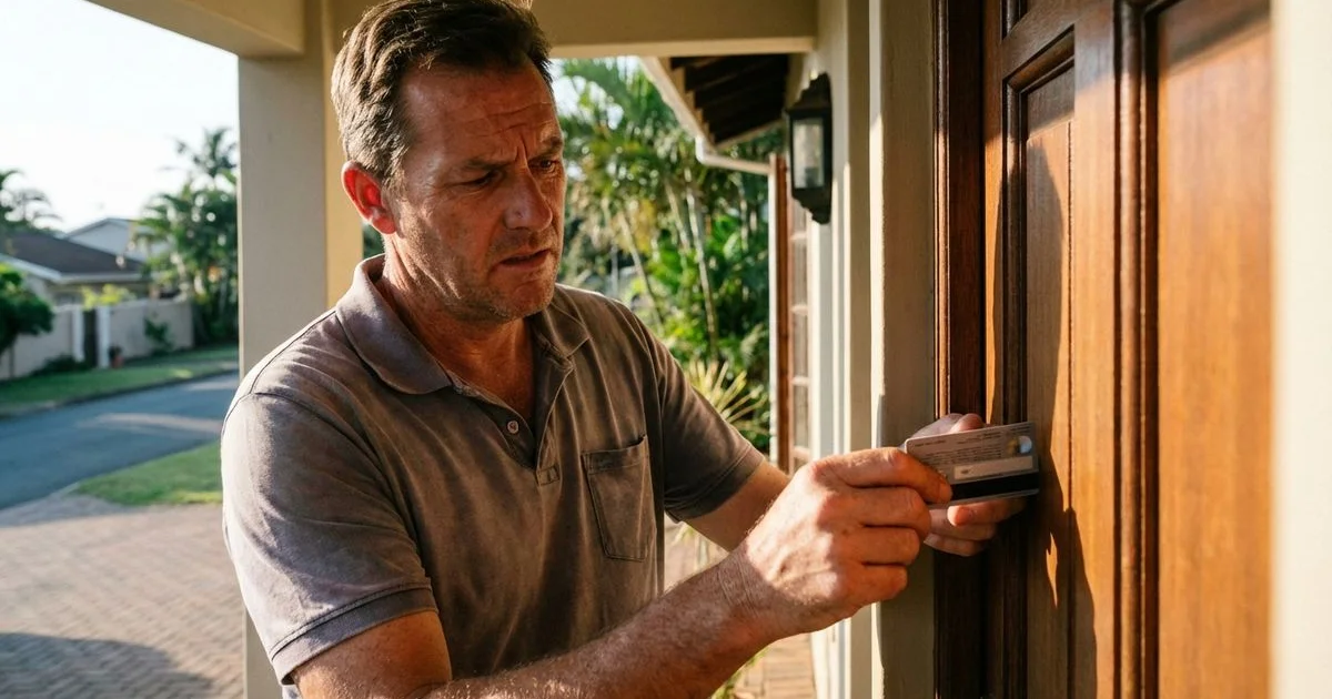 Person attempting to open a locked door with a card while deciding whether to call a professional locksmith